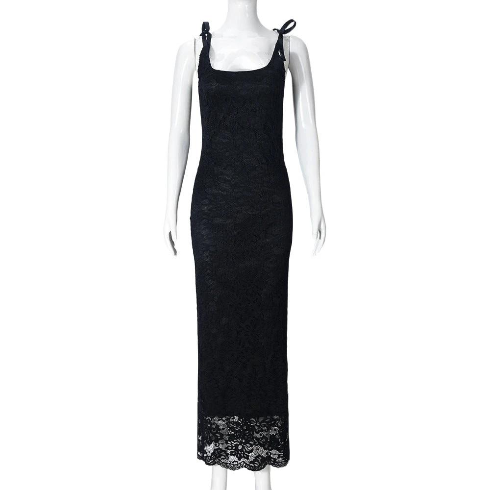 Lace Bow Sexy Backless Lace Double Layer Length Dress