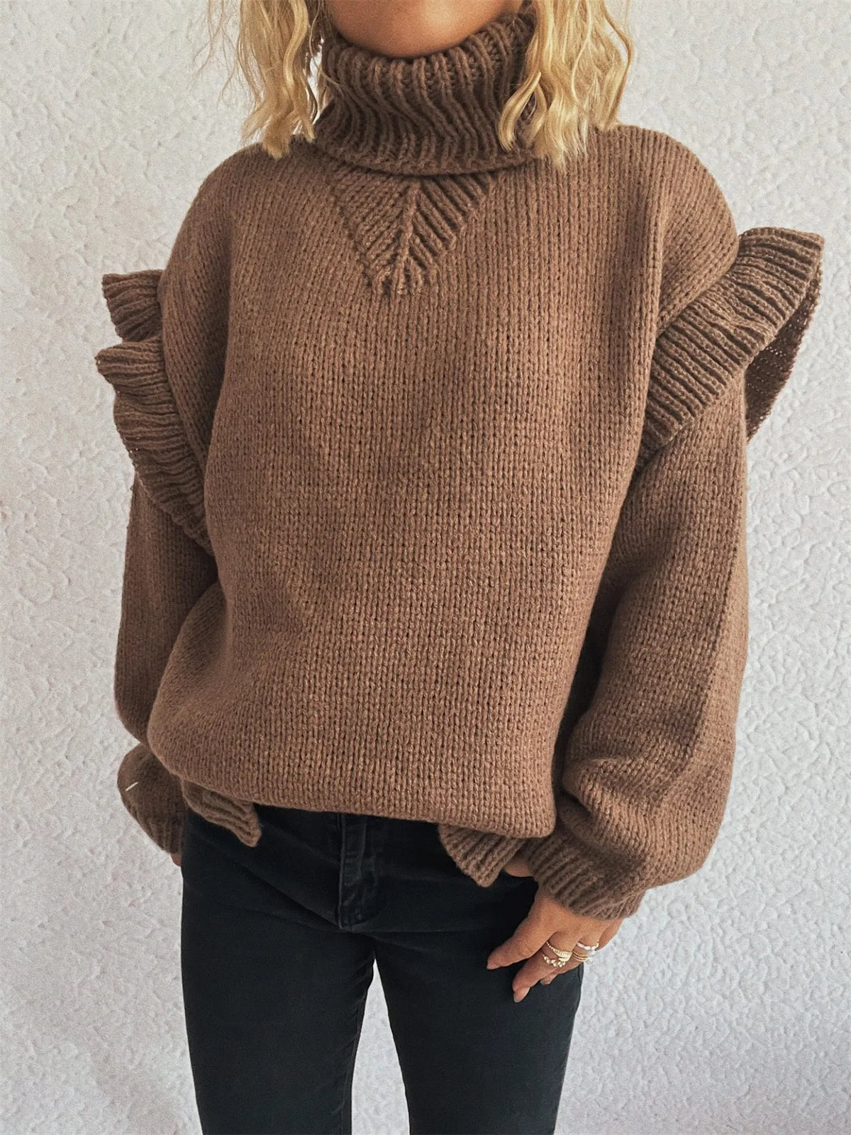 Ruffled Turtleneck Long Sleeve Sweater