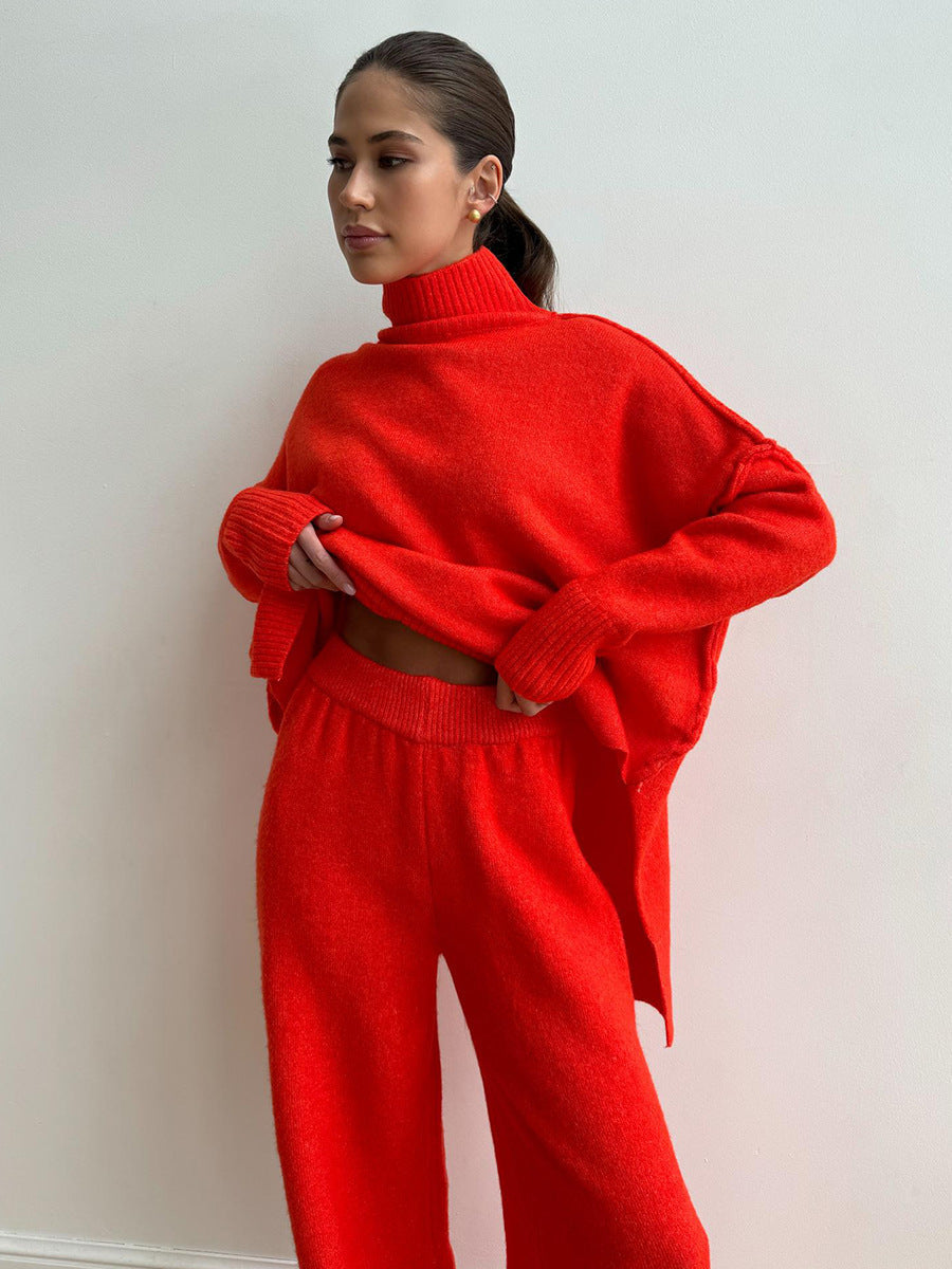 Women's Oversized High-Neck Sweater & Wide-Leg Knit Pants Set