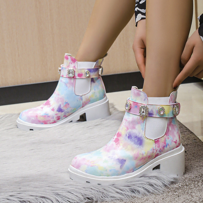 Botines de tacón grueso con diamantes de imitación de moda euroamericana. Consulta la tabla de tallas en "más detalles".