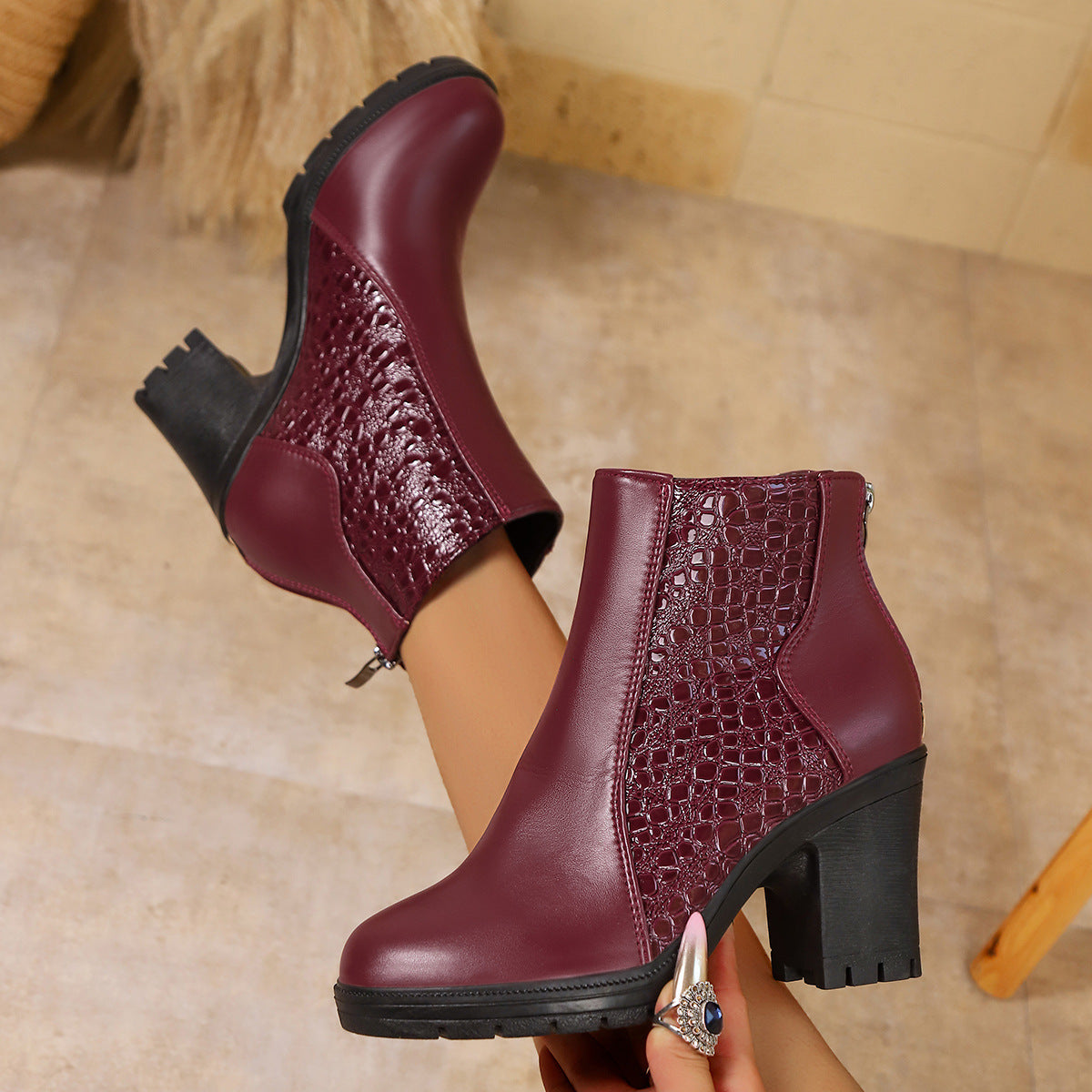 Women's Chunky Heel Wedges with Back Zipper