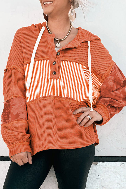 Sudadera de manga larga con capucha y cordón, patchwork de gofre a rayas de canela