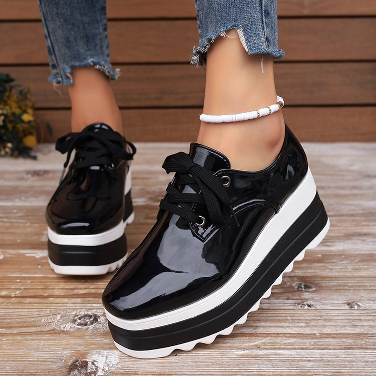 Women's Lace-Up Square-Toe Patent Platform Wedges