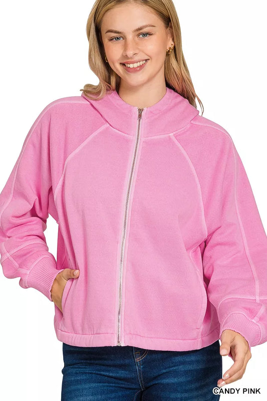 Zenana Fleece Pigment Dye Zip Up Hoodie with Pockets in Candy