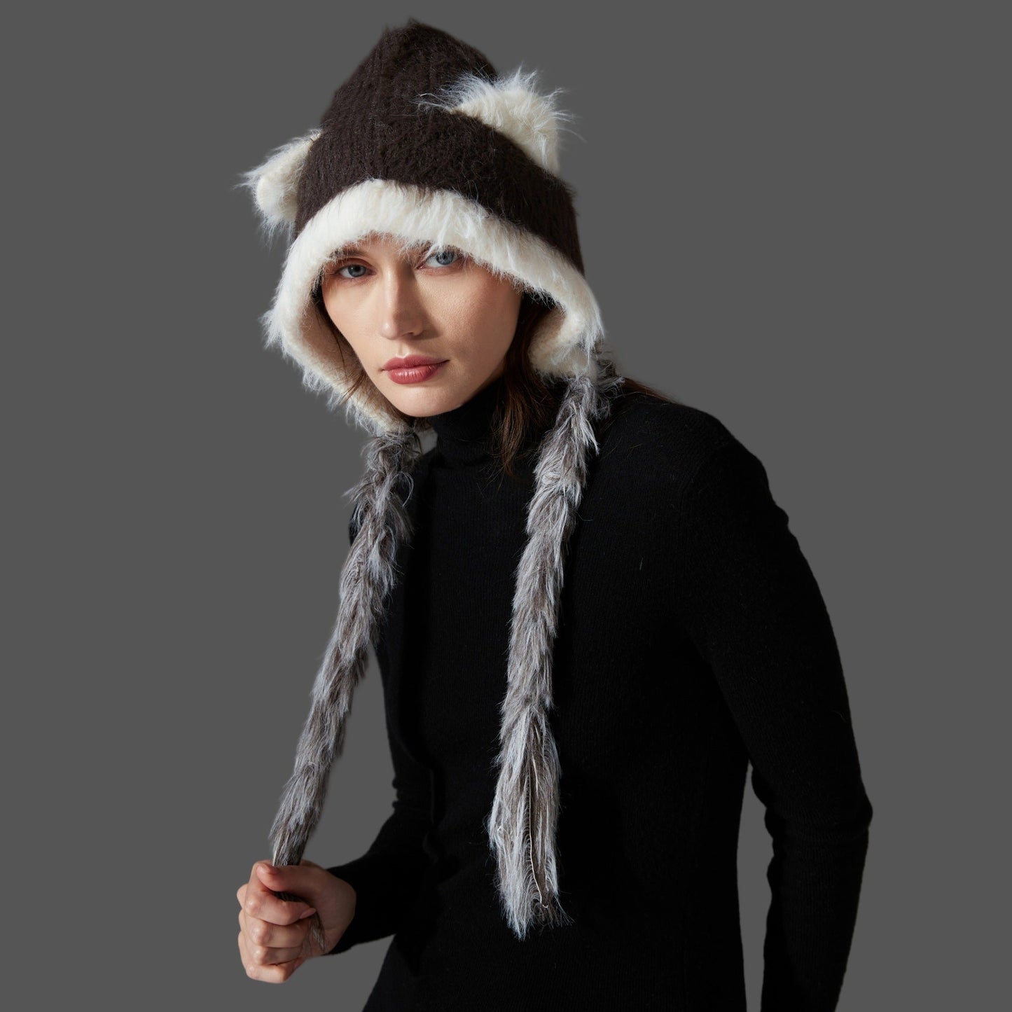 Gorro de punto de lana de visón con orejas de gato y protección para las orejas - Acogedor gorro con orejas de animales