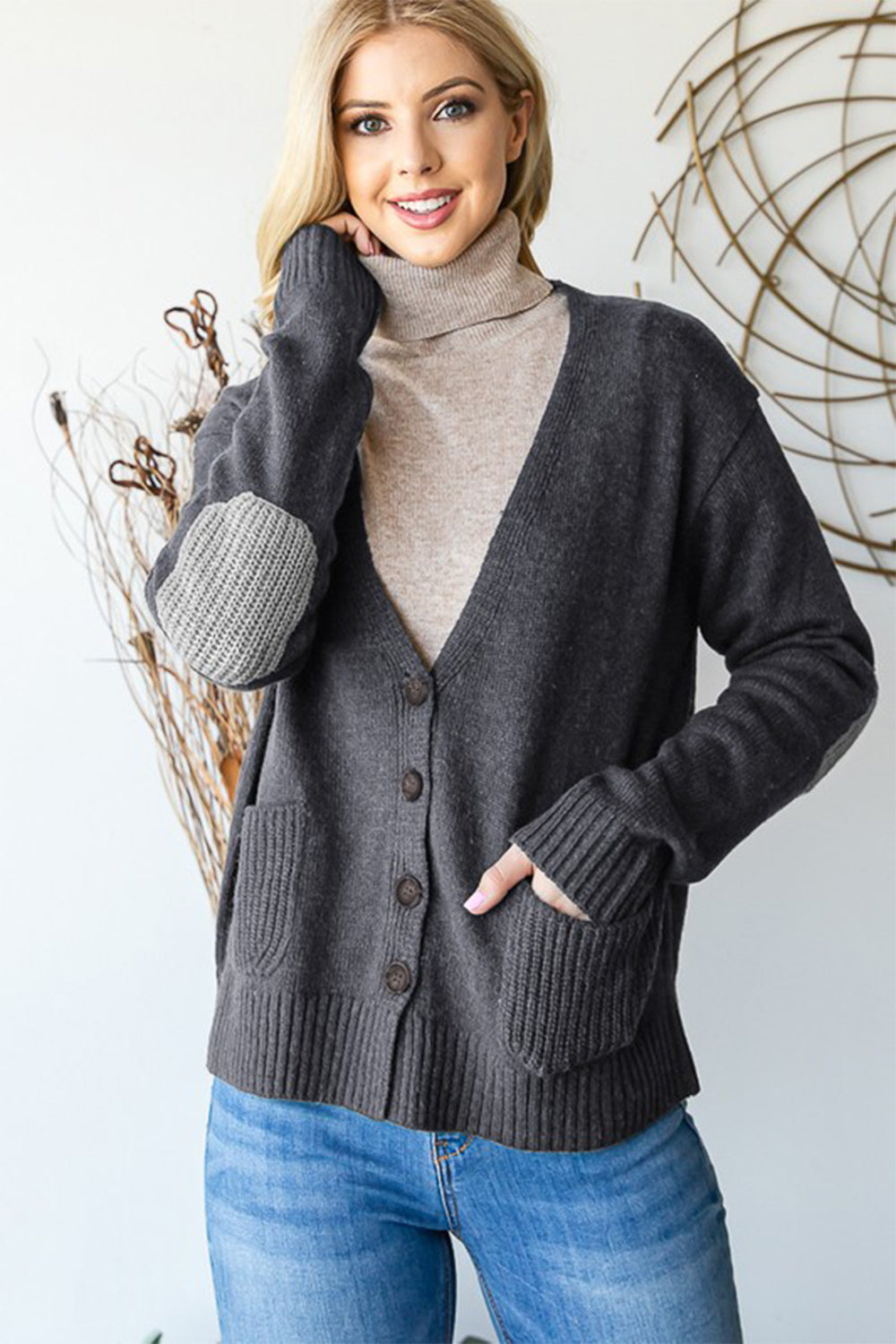Cárdigan con botones, cuello en V y manga larga Heimish de talla completa