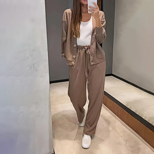 Cárdigan de punto casual con bolsillo y pantalón de salón con cordón ajustable