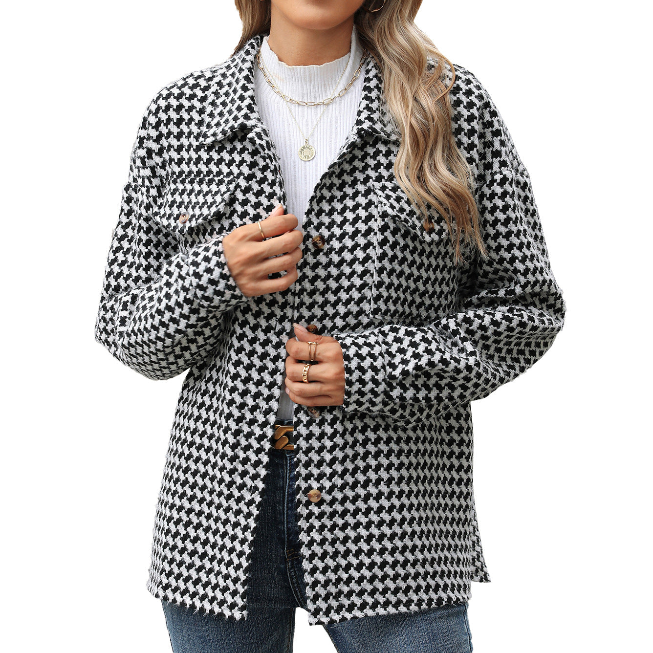 Gabardina de tweed con solapa de pata de gallo, abrigo casual de manga larga suelto con bolsillos, prendas de abrigo para mujer. Ver tabla de tallas en "más detalles".