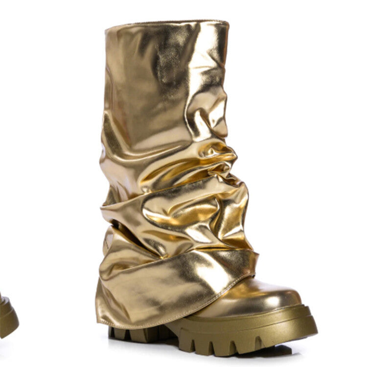Women's Pleated Round-Toe Mid-Heel Boots