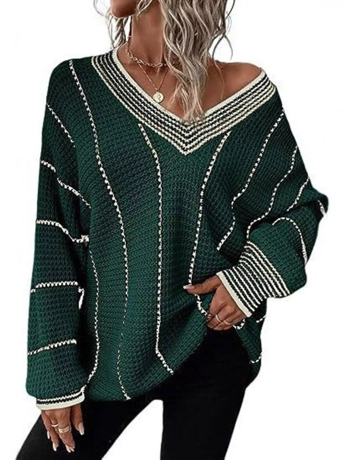 Full Size V-Neck Textured Knit Sweater Plus Size