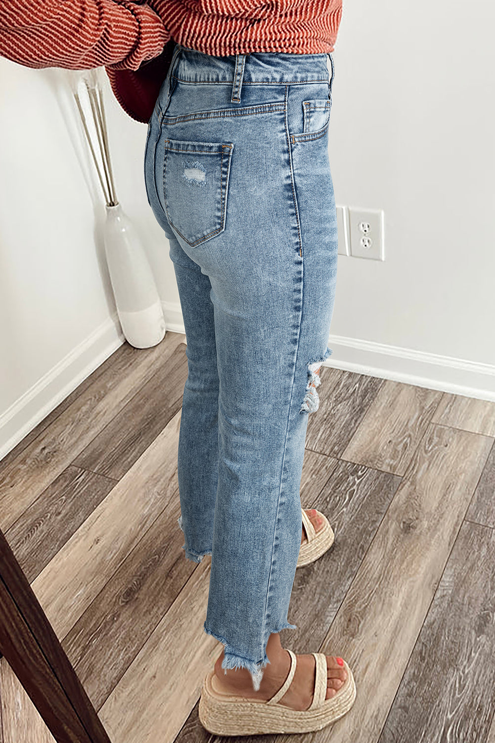 Pantalones Vaqueros Myosotis Ajustados y Acampanados con Dobladillo sin Rematar y Rodillas Rasgadas