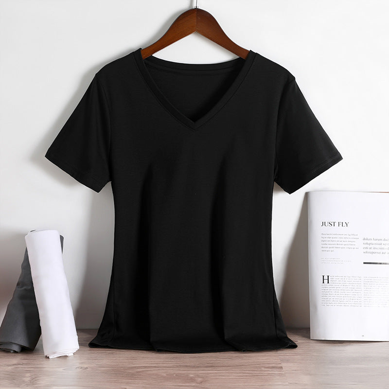 Womens Loose-Fit Round-Neck V-Neck Pure Cotton T-Shirt