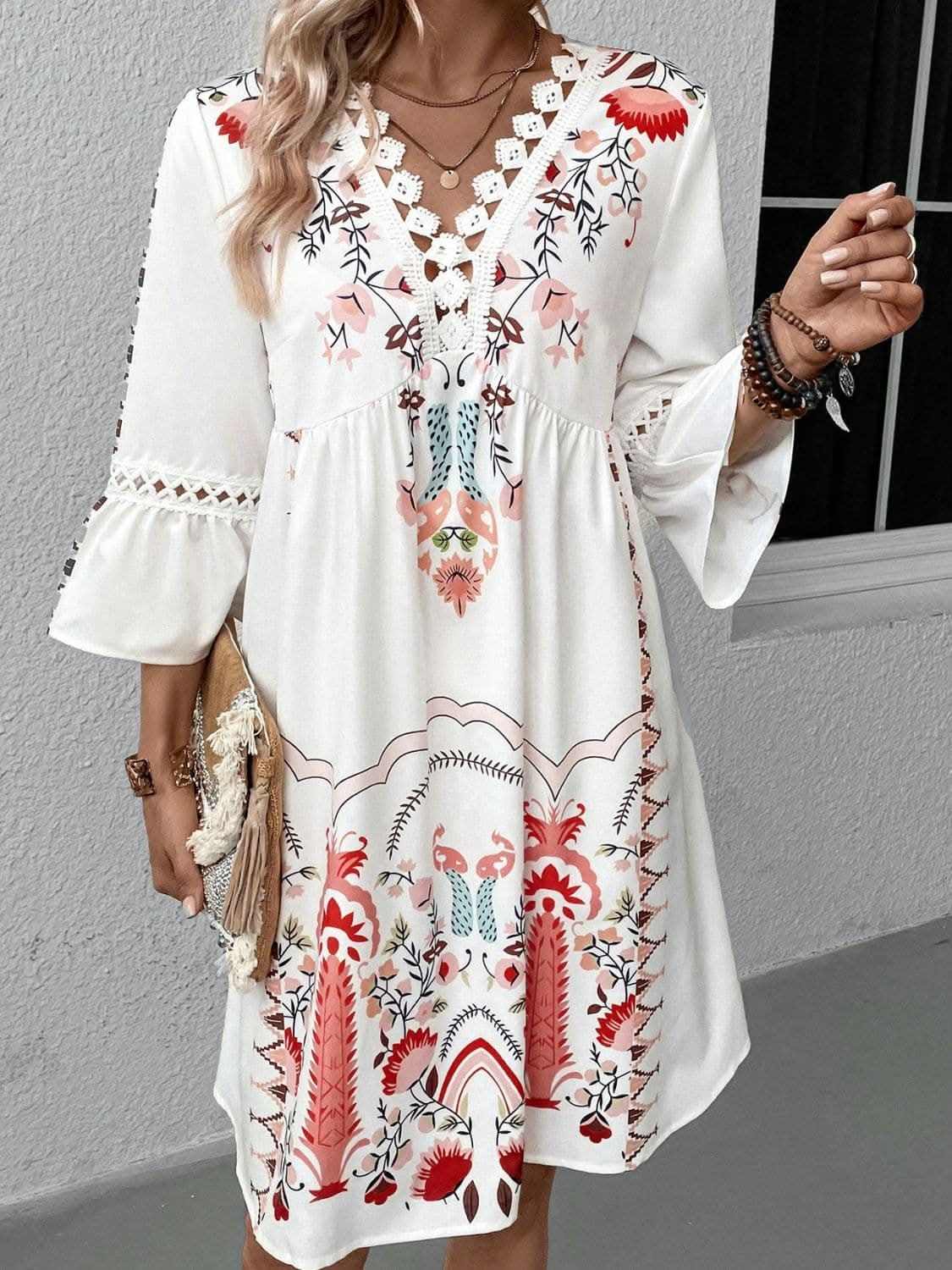 Dresses Trendsi Lace Printed Three-Quarter Dress with Sheer Elegan