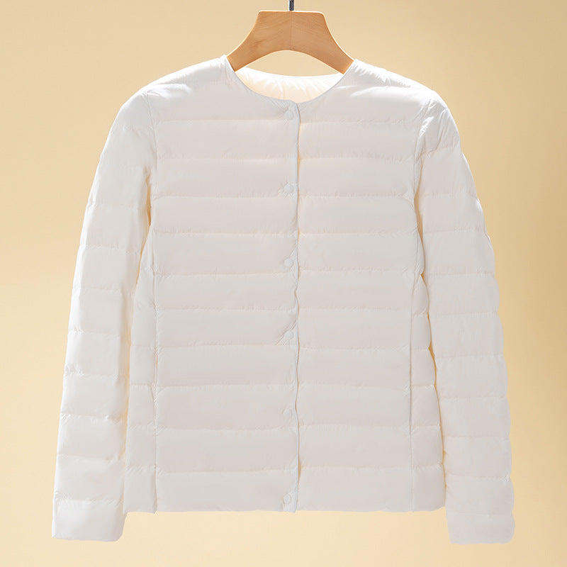 Round-neck Long-sleeved White Down Jacket In Large Size