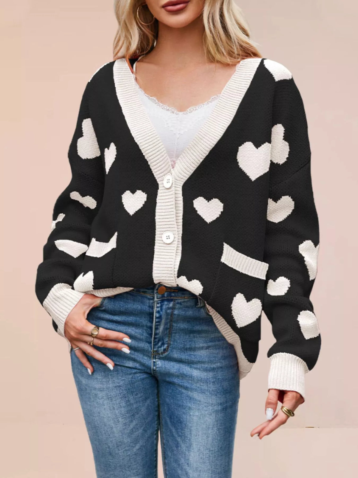 Heart Pattern V-Neck Button-Down Knit Cardigan