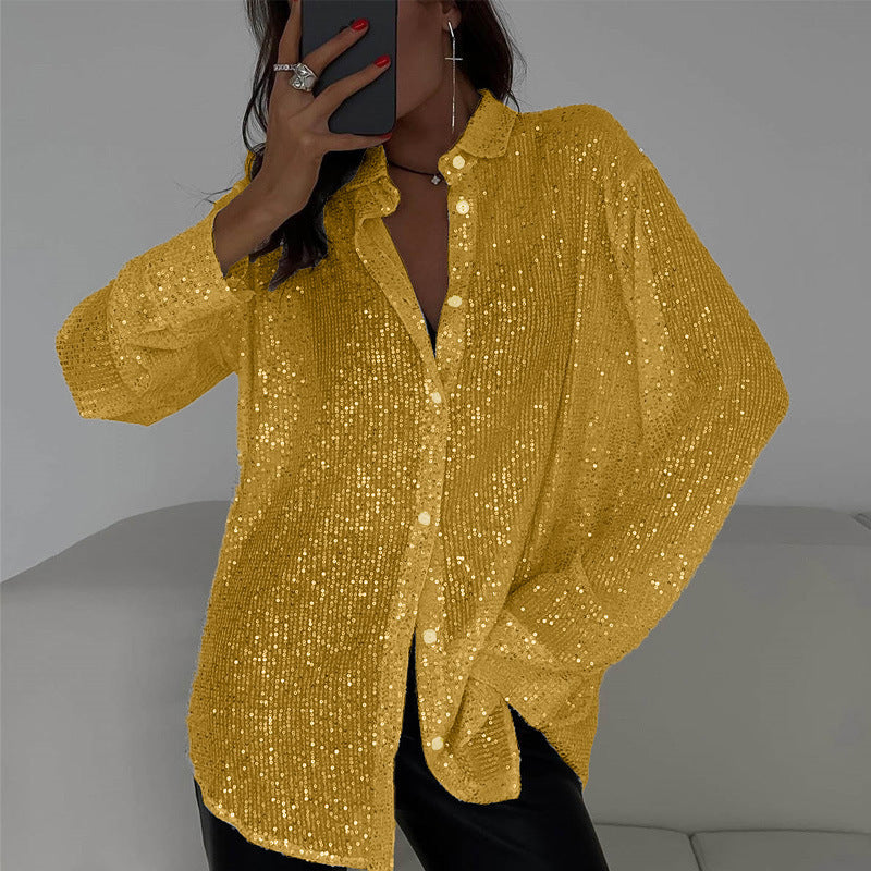Sequin Lapel Long Sleeve Shirt See size chart under “more details”