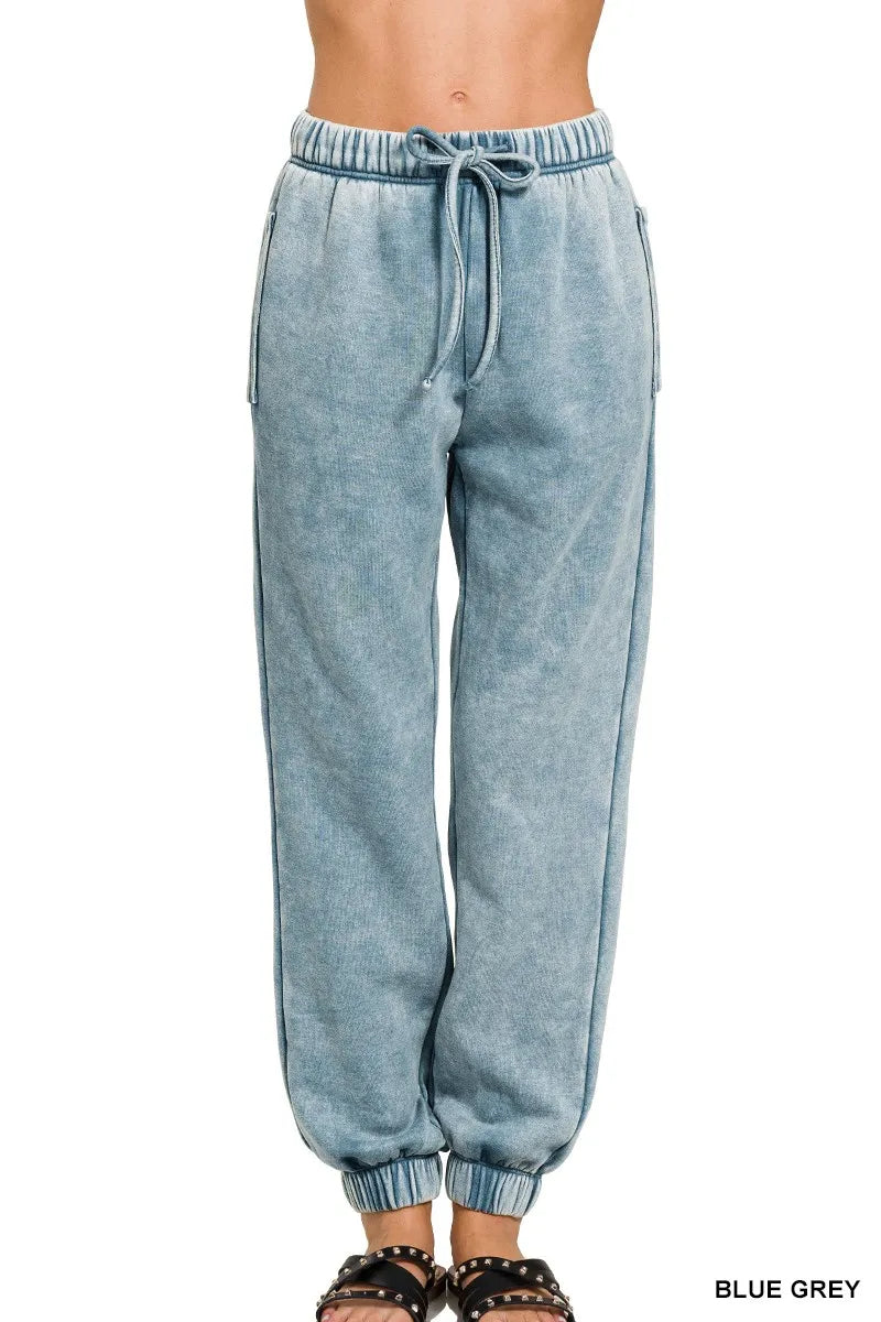 Pantalones de chándal de felpa con lavado ácido Zenana