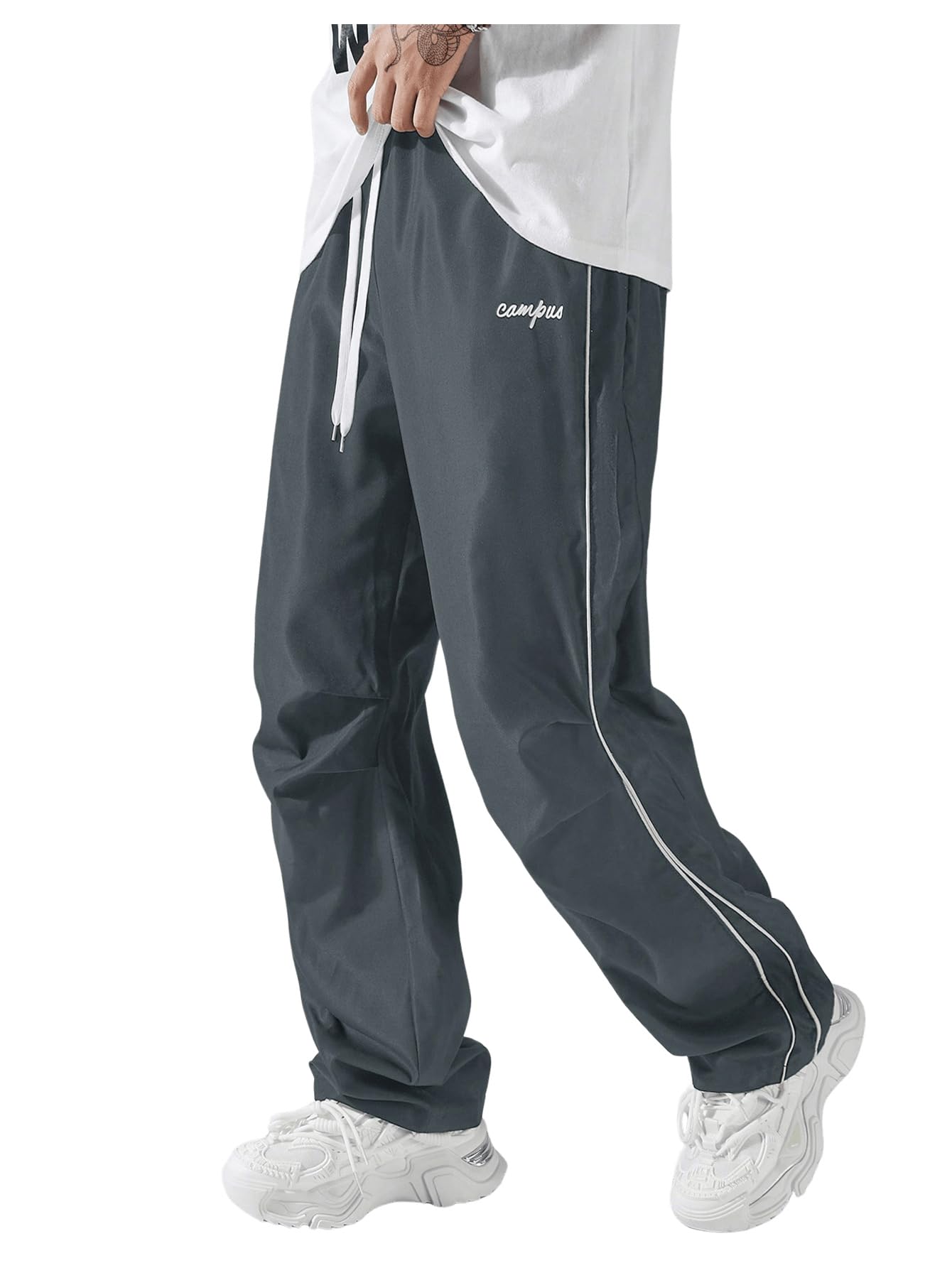 SOLY HUX Mens Parachute Pants Y2k Baggy Sweatpants Wide Leg Drawstring Waist Casual Pants Streetwear Dark Grey X-Large