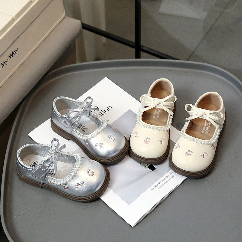 New Spring Girls Leather Shoes, Toddler Sweet Cherry & Bow Princess Shoes, Pearl Trim Soft Sole Kids Flats
