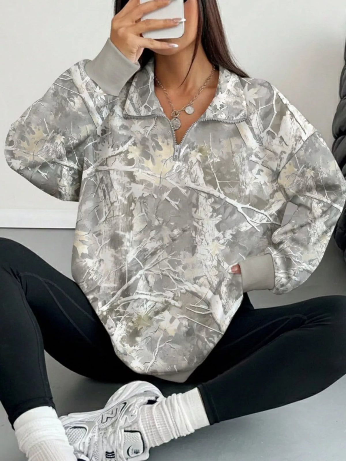 Quarter-Zip Printed Sweatshirt with Ribbed Cuffs