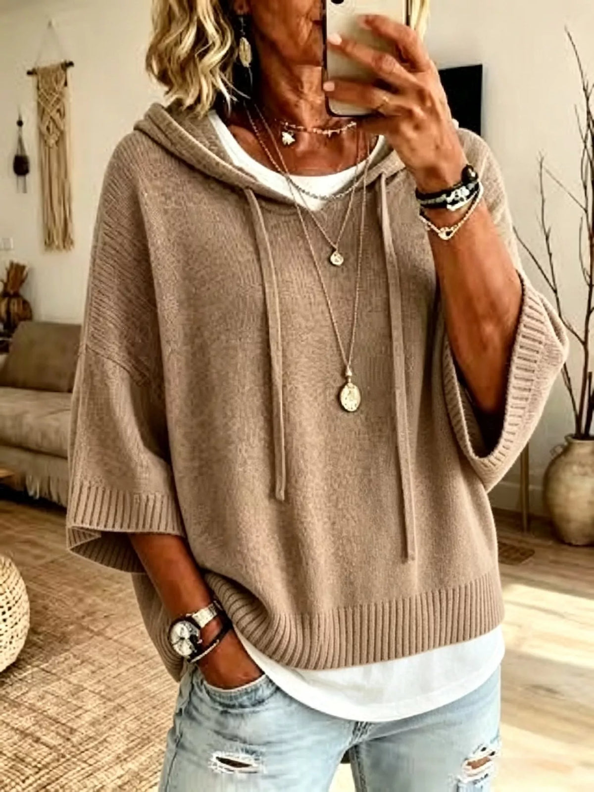 Full Size Drawstring 3/4 Sleeve Hooded Sweater Plus Size