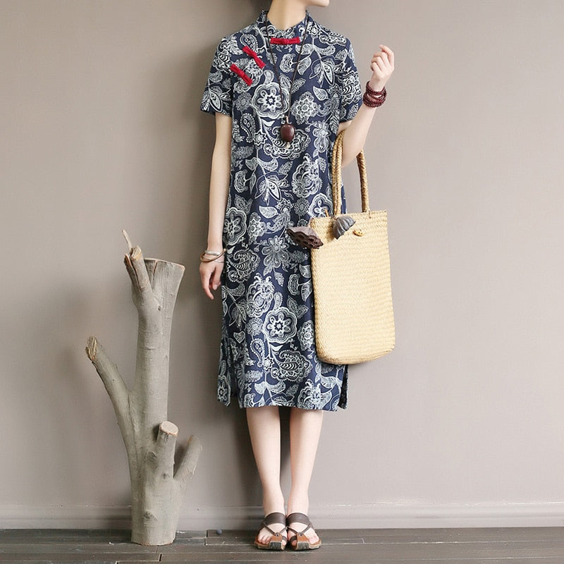 Retro Floral Cotton Dress with Side Slit