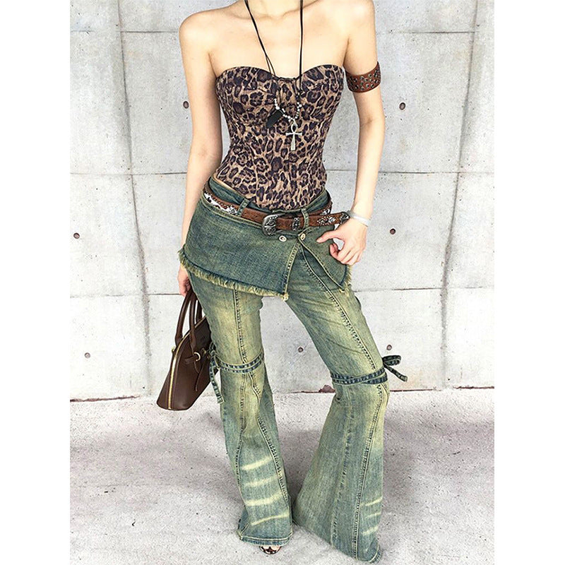 Womens Distressed Lace-up Vintage-style American Denim Jeans
