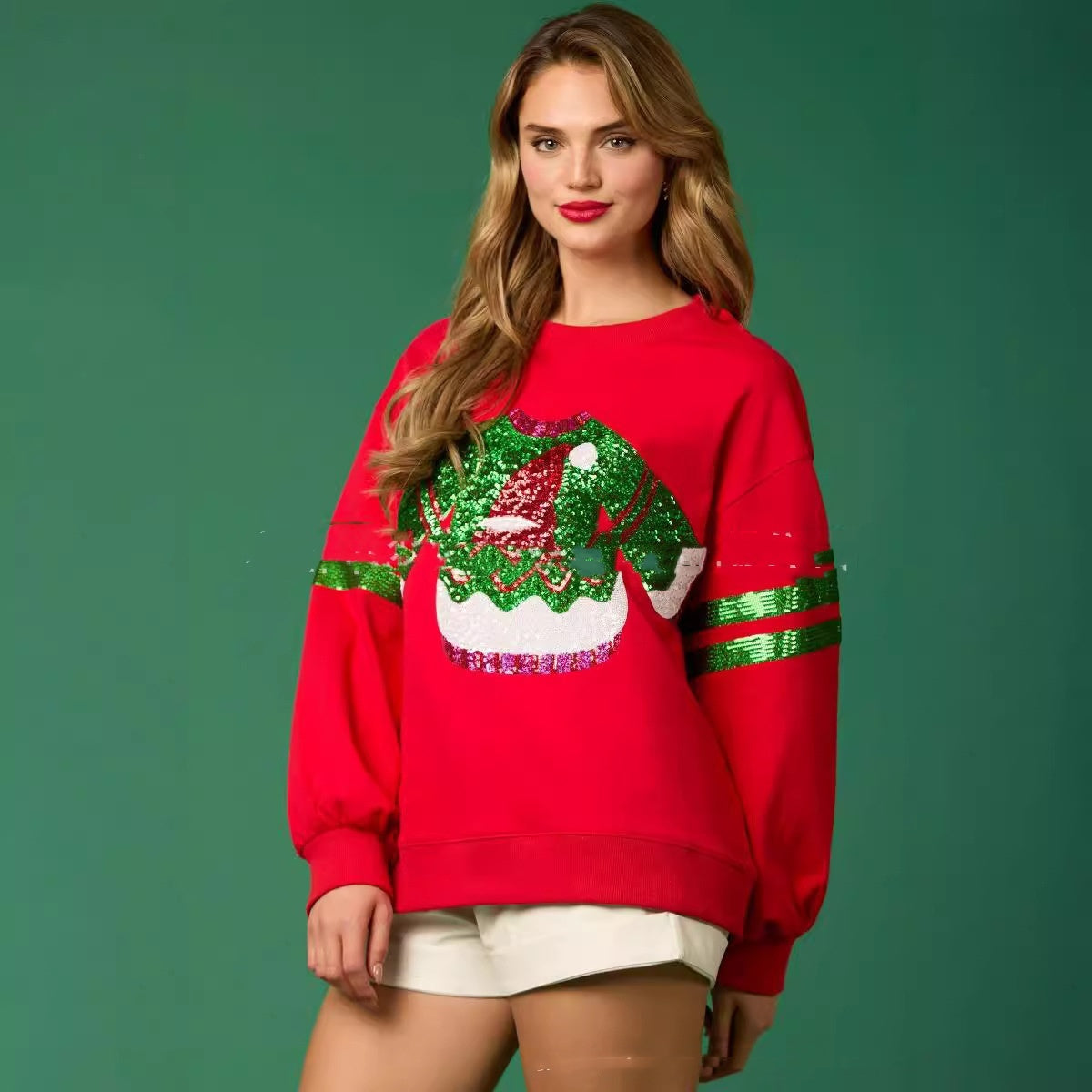 Sudadera informal de lentejuelas con cuello redondo para mujer