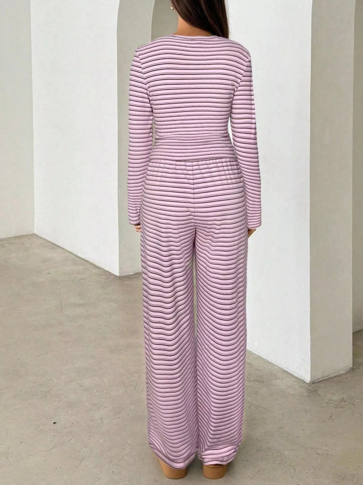 Striped Long Sleeve Crop Top and Wide Leg Pants Two-Piece Set