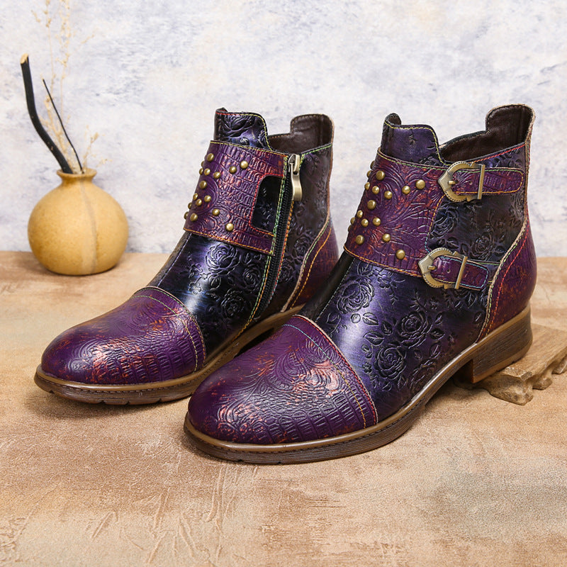 Botas de moda para mujer con hebilla de remache retro. Consulta la tabla de tallas en "más detalles".