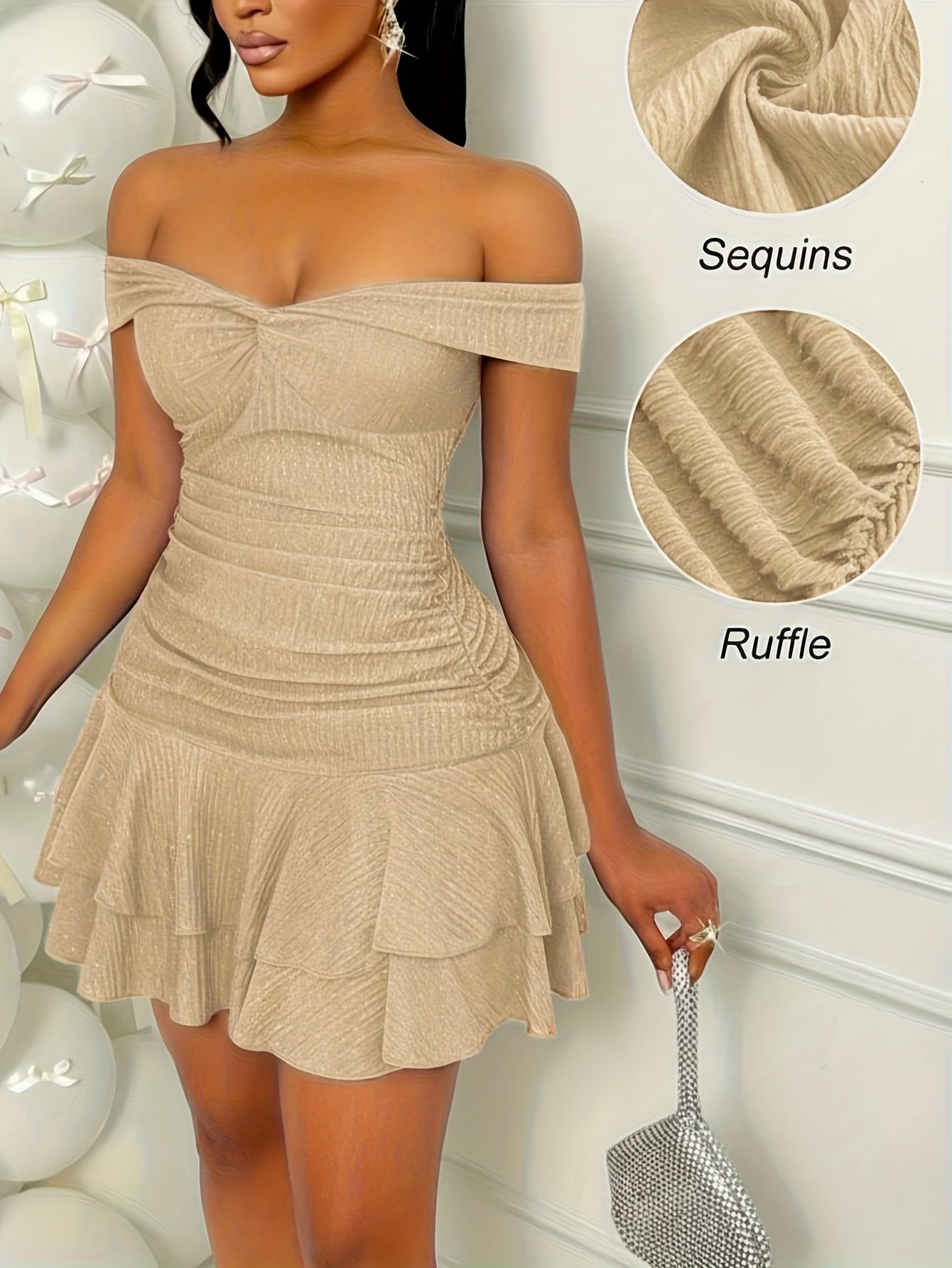 Vestido de lentejuelas con volantes y hombros descubiertos para mujer