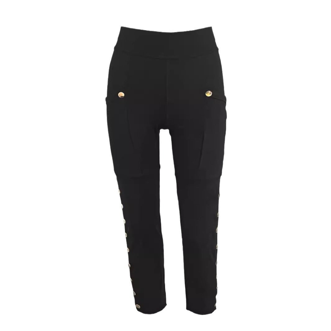 Women High Waist Stretch Cargo Pants Side Button Decor Flared Yoga Pants With Pockets Casual Trousers