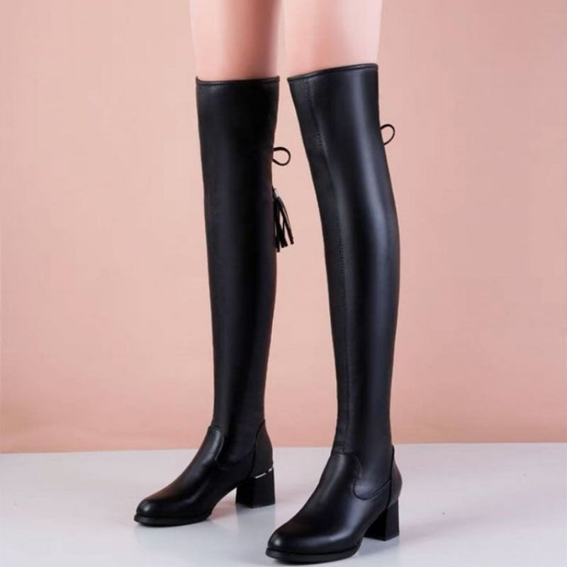Women's Round-Toe Block Heel Thigh Boots