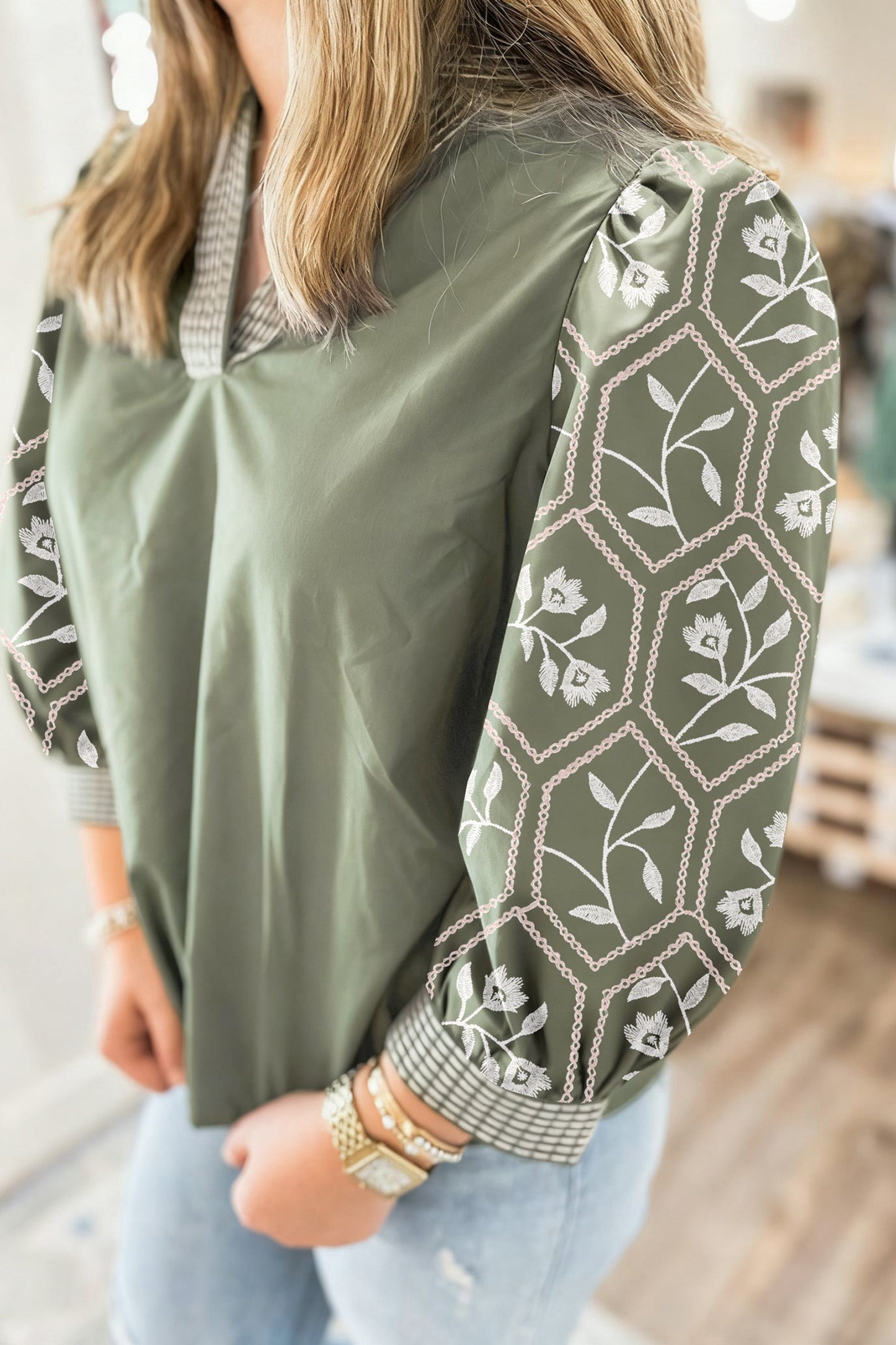 White Floral Puff Sleeve Contrast V Neck Patchwork Blouse