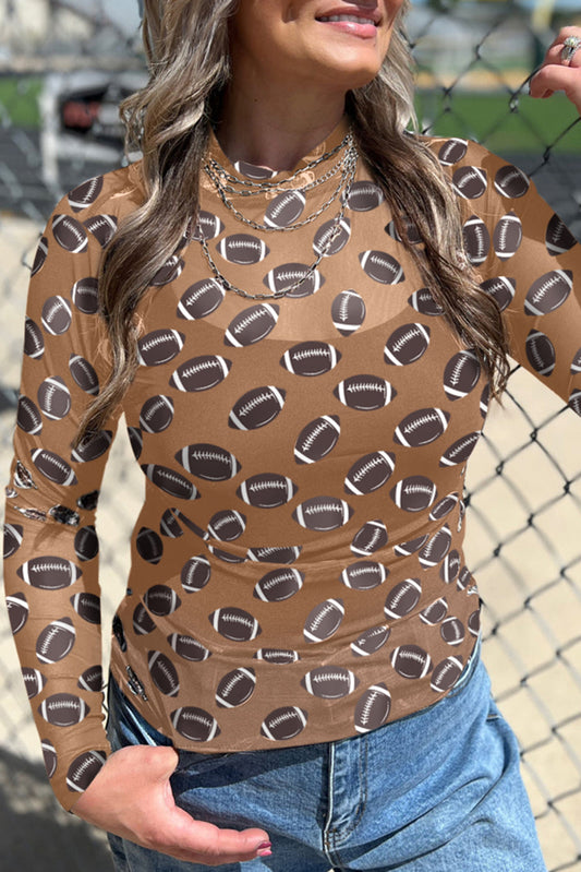 Blusa de manga larga transparente de malla color café para día de partido de fútbol americano