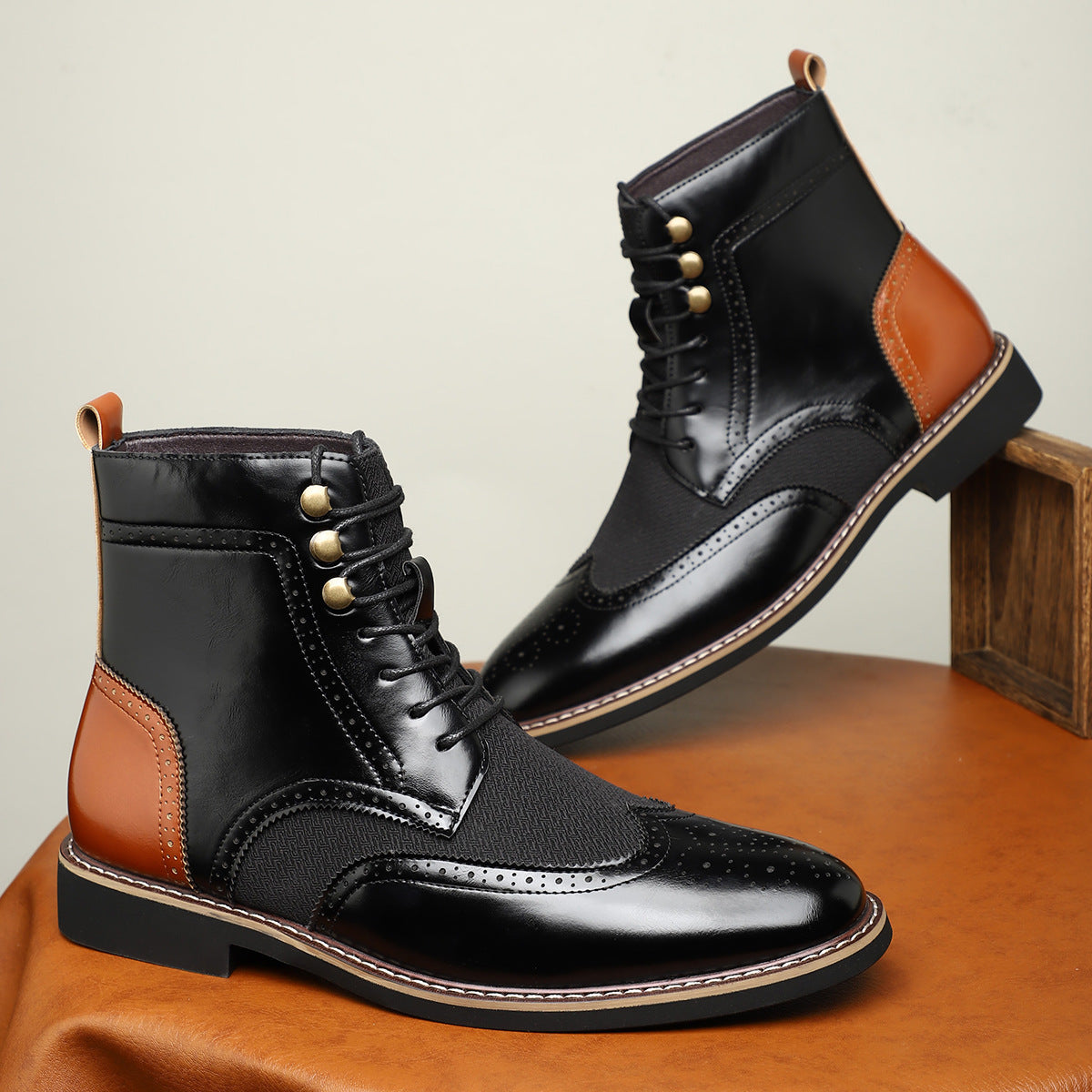 Men's British High Top Color Blocked Leather Boots