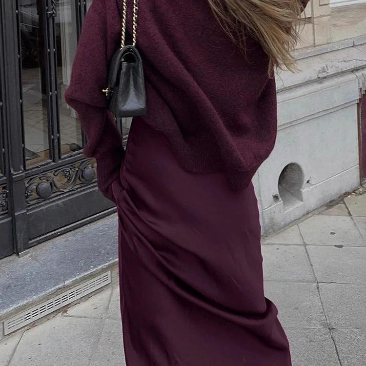 Women's Fashion Pure Color Minimal Versatile High Waist Long Skirt