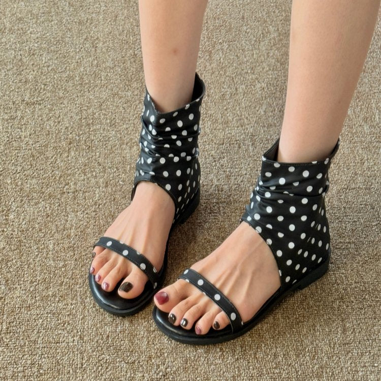 European And American Style Polka Dot Single Strap Mid-Calf Sandal Boots For Women, Comfortable Flat Fashion Boots, Slip-on Flat Summer Sandals