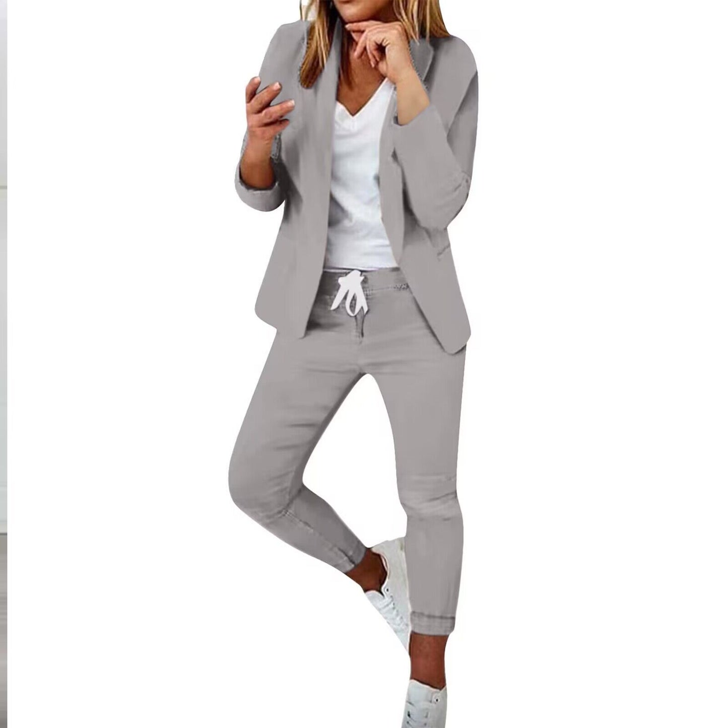 Conjunto de traje de saco con solapa de muesca y pantalón con cordón para mujer