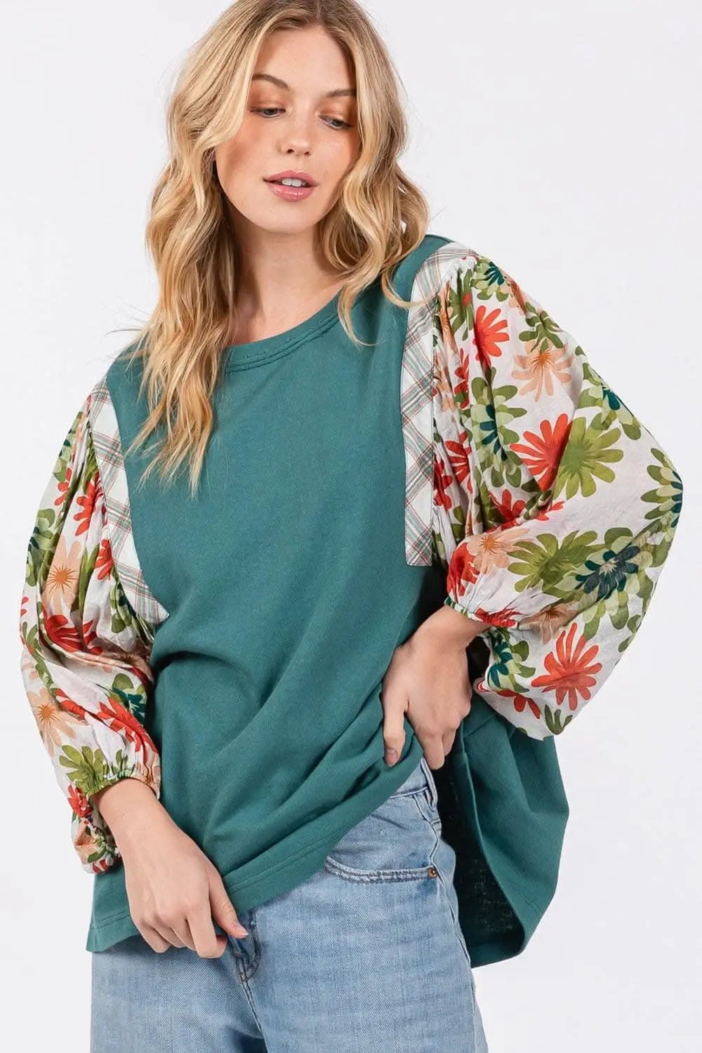 Trendsi Balloon Sleeve Top in Sage — Casual Long Sleeve Blouse