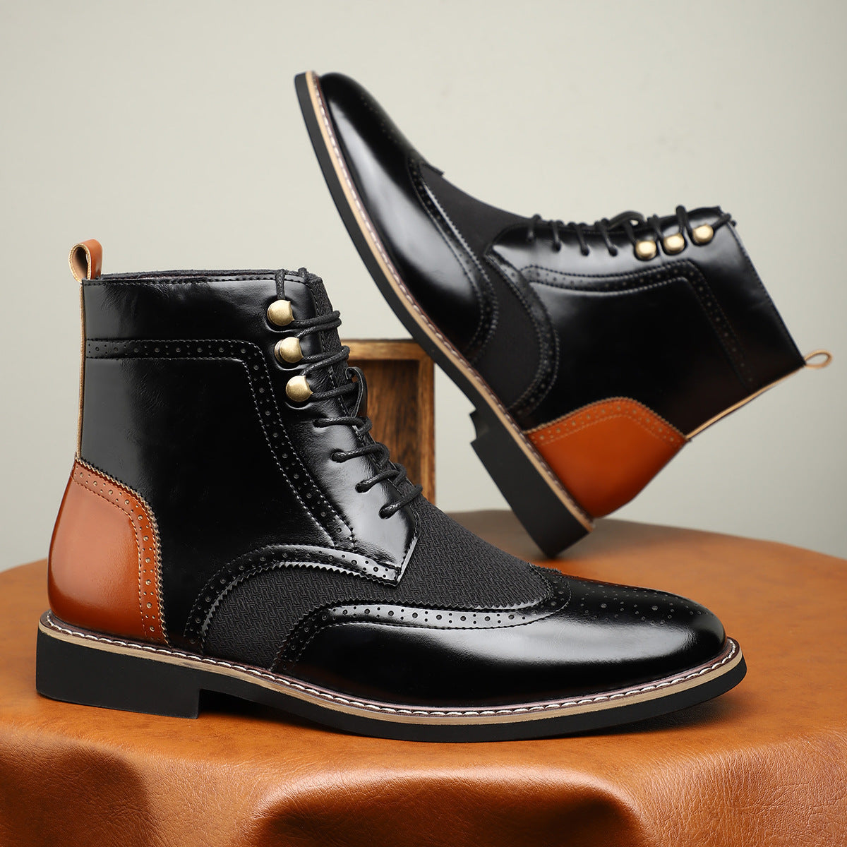 Men's British High Top Color Blocked Leather Boots