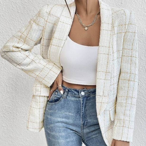 Chaqueta de Traje de Lino para Mujer de Color Sólido con Diseño de Bolsillo Falso y de Moda