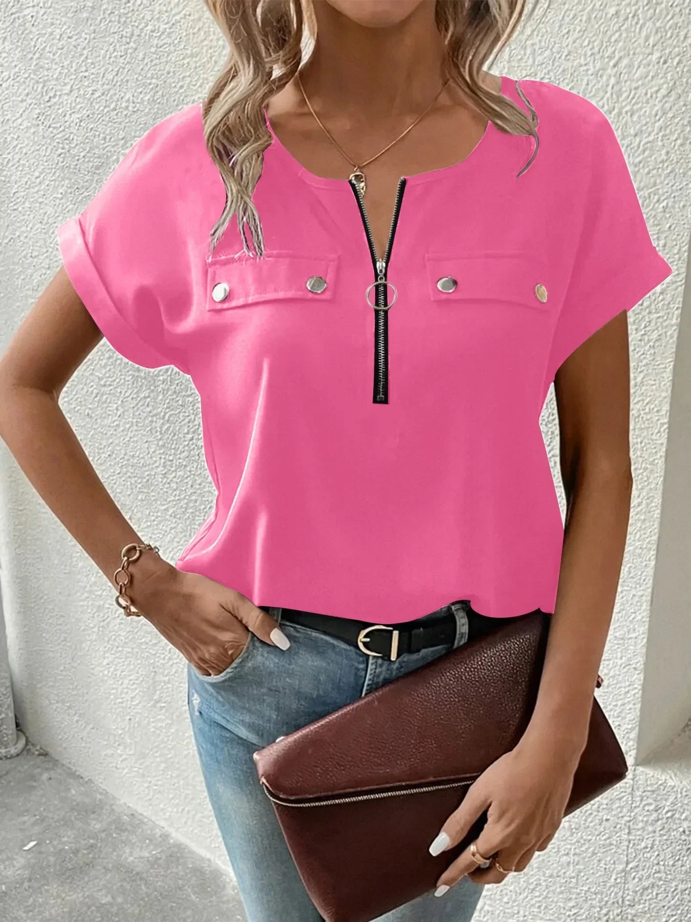 Casual Zipper Front Short Sleeve Blouse