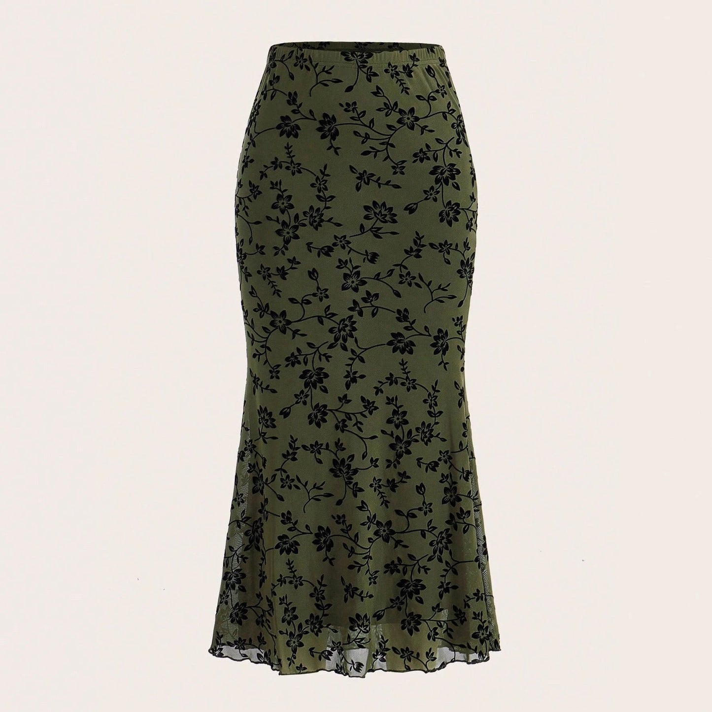Dark Green Floral Half-length Fishtail Skirt For Women