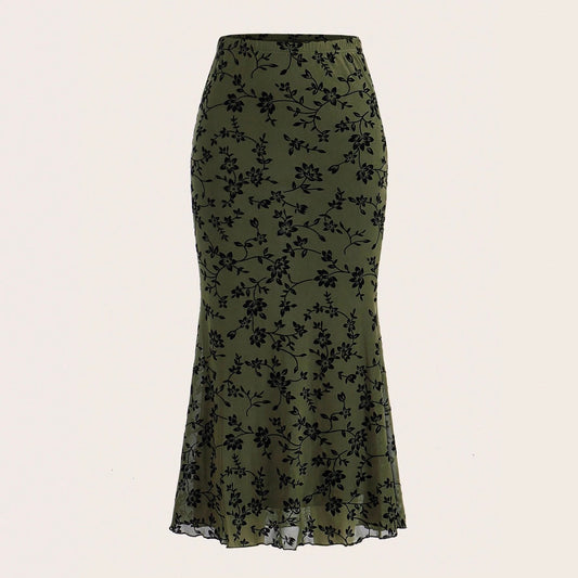 Falda de mujer de cola de pez, de largo medio, con estampado floral verde oscuro