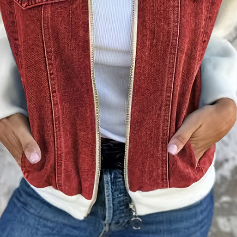 Chaqueta vaquera con cremallera y retales para mujer