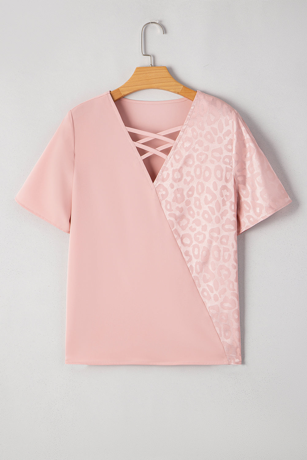Blusa con tiras cruzadas y cuello en V, estilo patchwork de leopardo rosa albaricoque