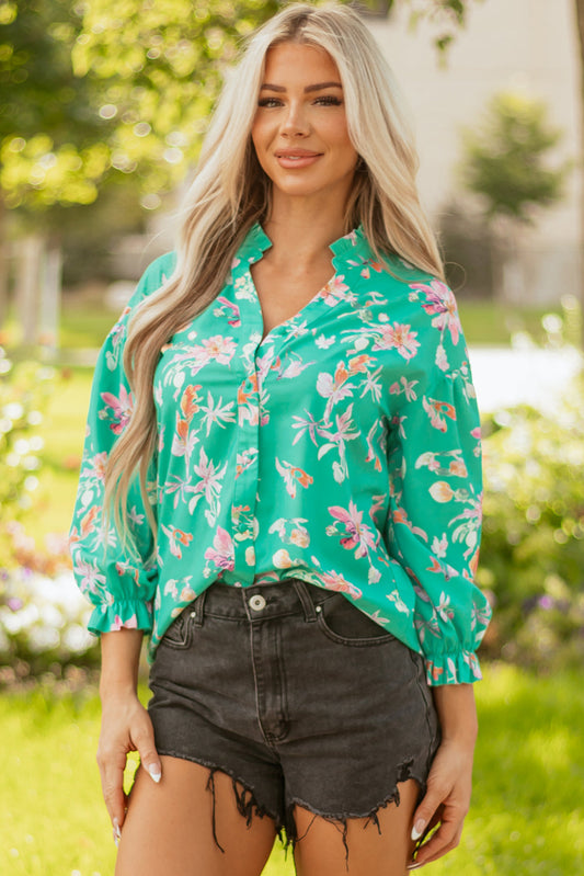 Camisa de manga farol floral verde con botones delanteros