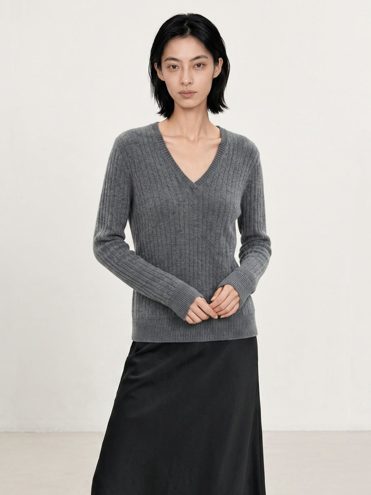 Ribbed V-Neck Ultrafine Merino Wool & Cashmere-Silk Blend Knit Sweater
