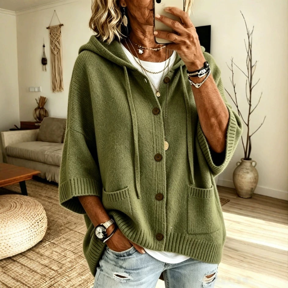 Fashion Autumn Winter Women's Button Knitted Hooded Drawstring Cardigan Sweater Coat For Women